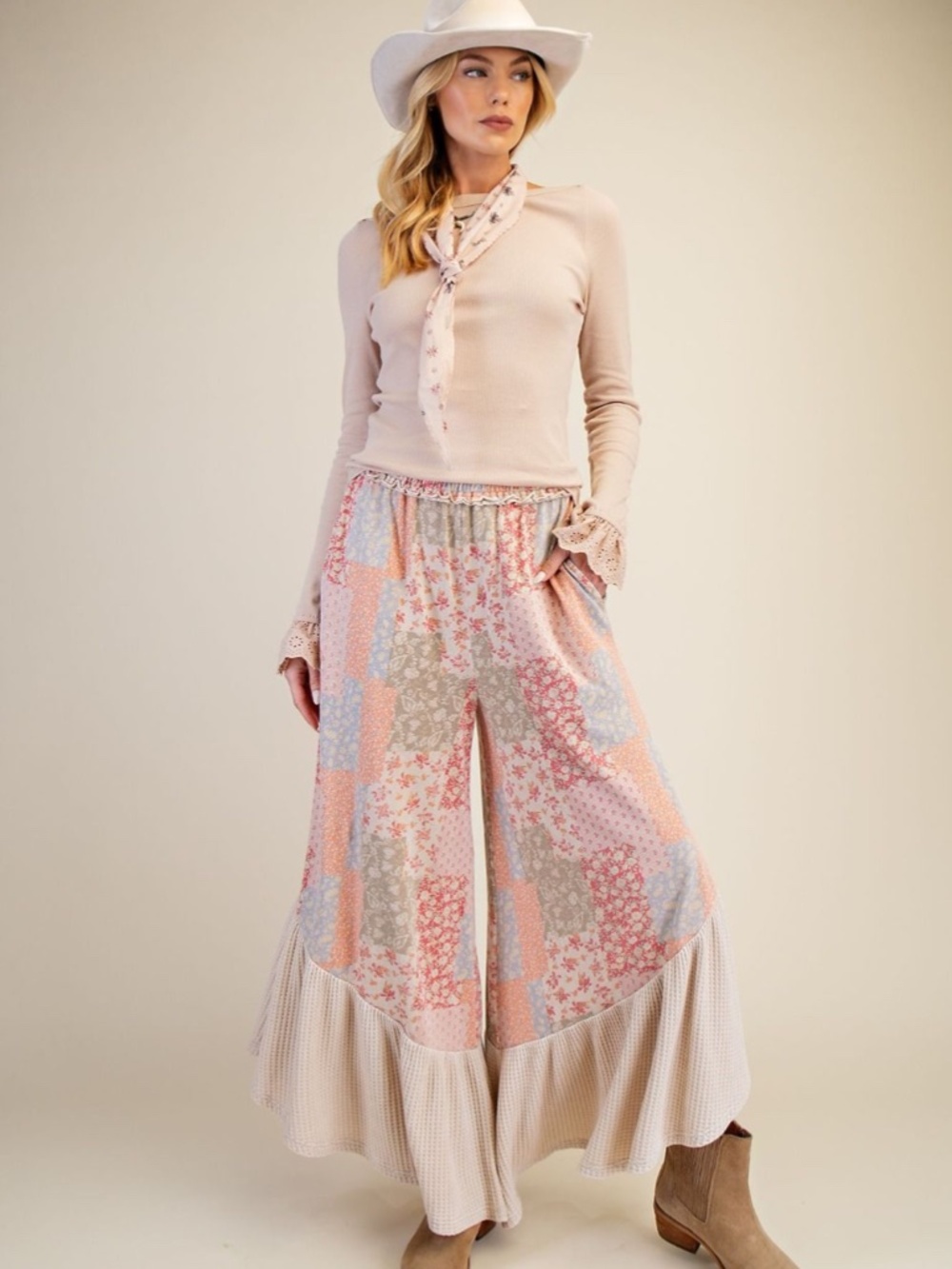 “The Bristol” Bohemian Patchwork Wide Leg Pants in Beige Multi